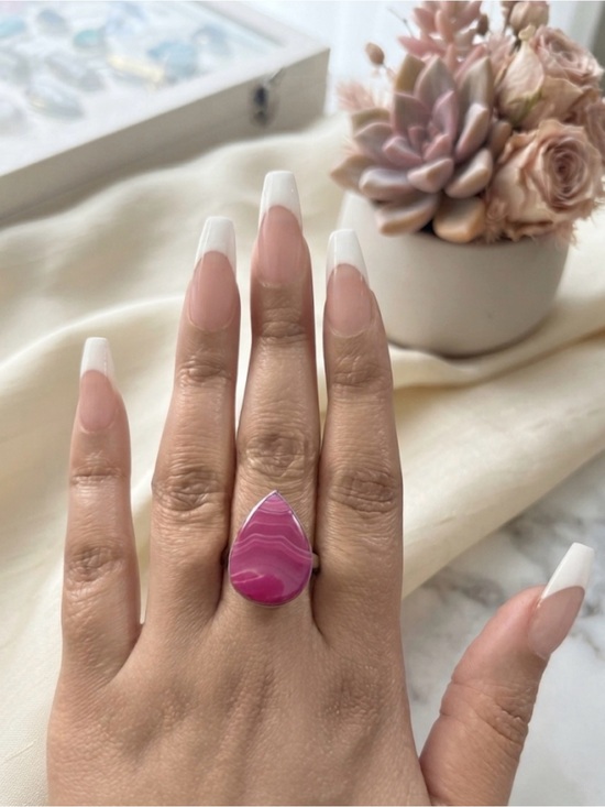 Jewelry - Stunning Pink Agate Teardrop Ring – Solid Sterling Silver
